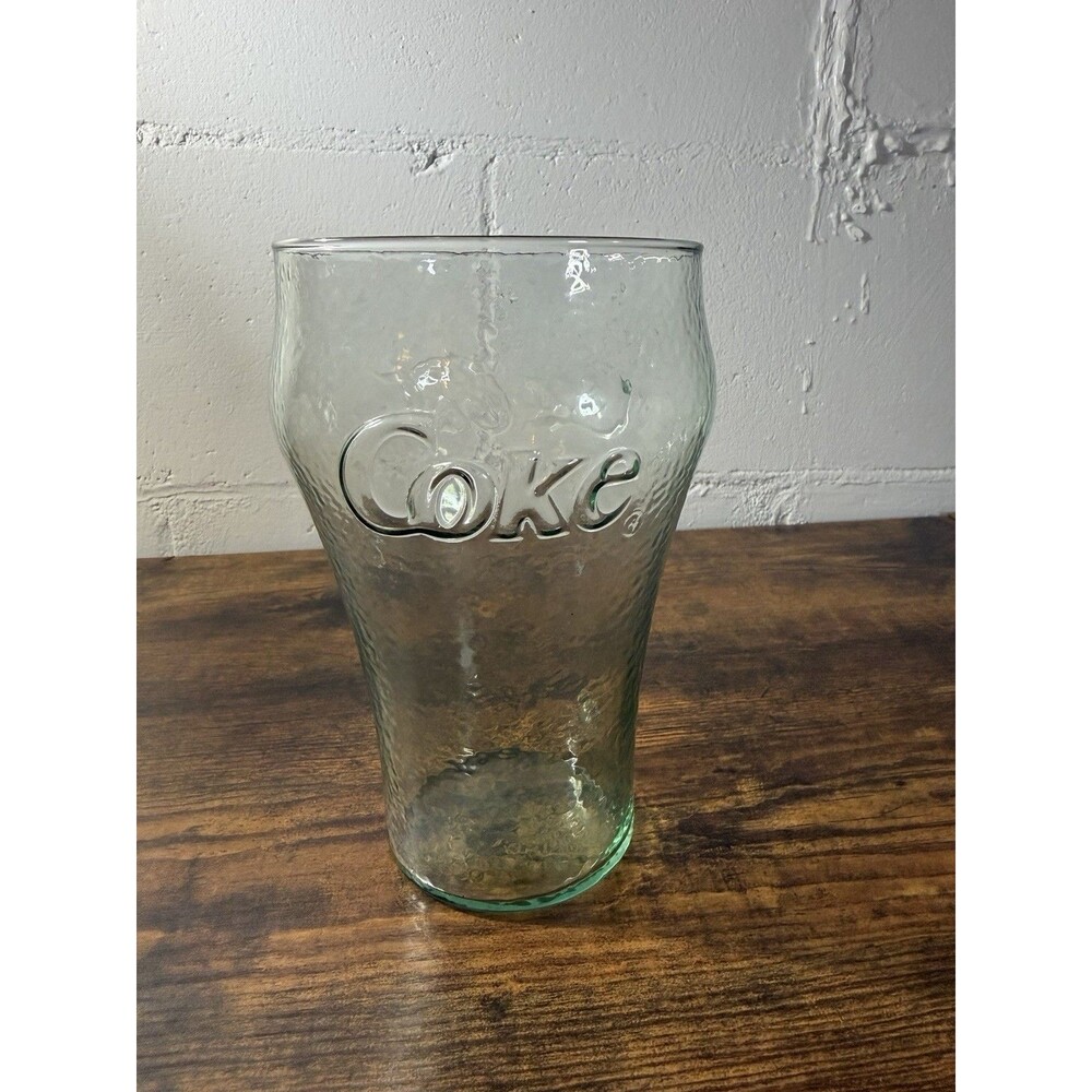VTG Huge Coca-Cola Glass 32oz Green Tinted Pebbled Embossed Coke Tumbler 7"